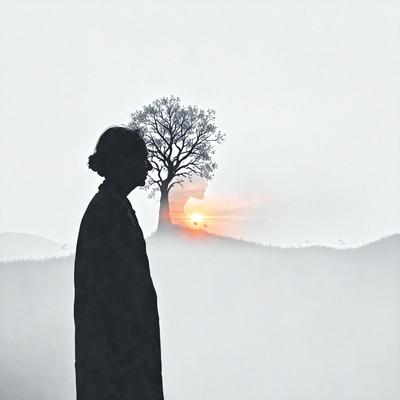 The primary subject of the image is a woman standing in front of a tree. The setting is a foggy, misty environment, creating a mysterious and atmospheric mood. The visual style appears to be a black and white photo, giving the image a classic and timeless feel. The woman's silhouette is prominent against the backdrop of the tree, emphasizing the contrast between her figure and the surrounding fog.